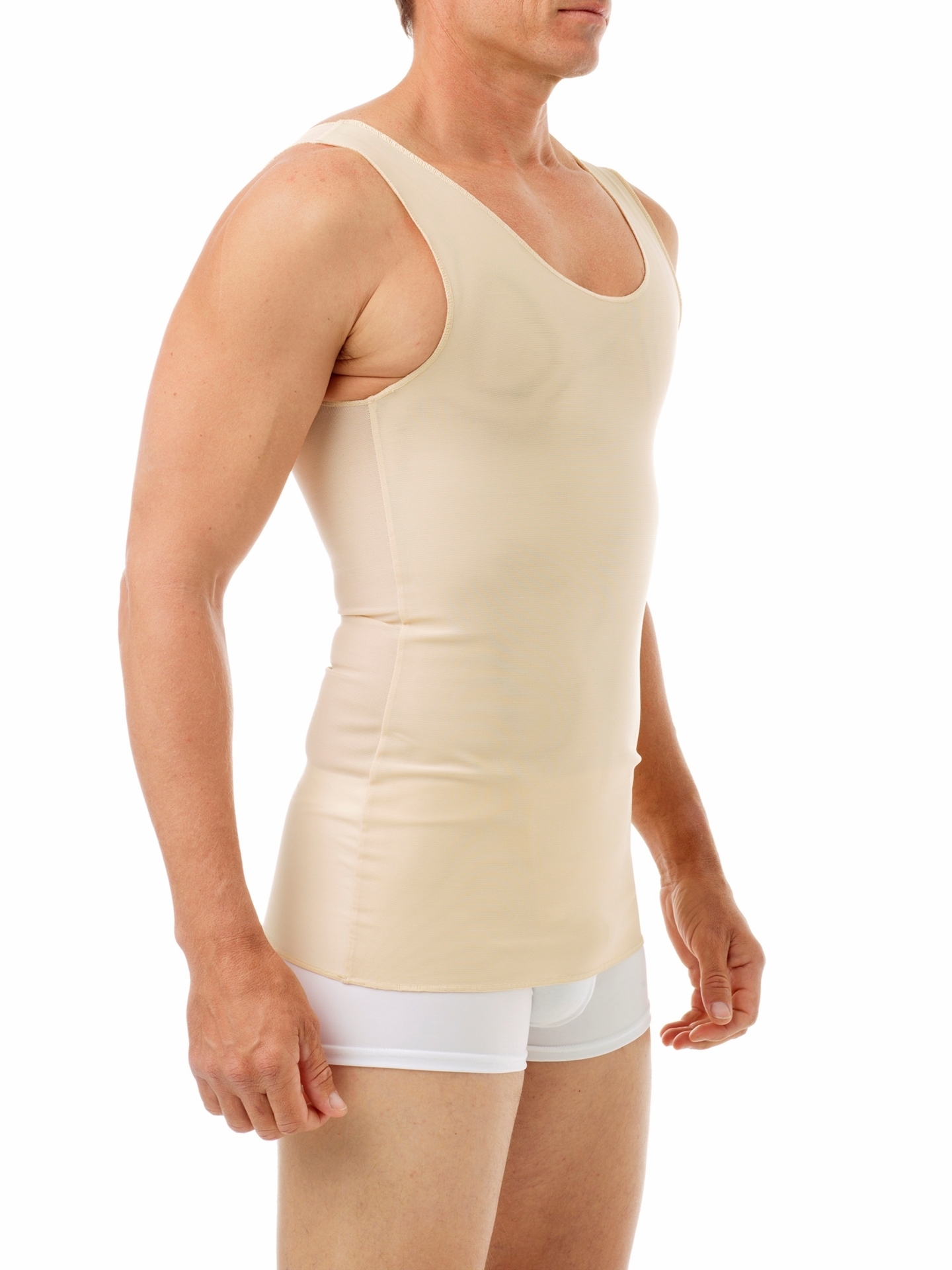 Sleeveless Shapewear Tank Tops for Men Back Support Posture Corrector  Shockproof Vest Chest Binder Trans Short Corset (Color : Beige, Size :  Large)