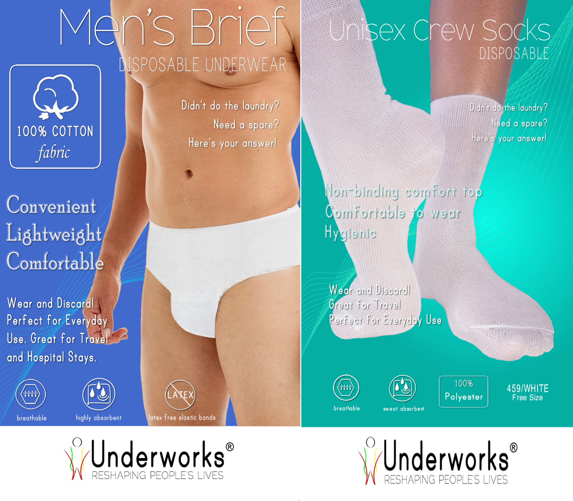 Underworks Mens Disposable 100% Cotton Underwear For Travel - Hospital  Stays - Emergencies - 10pk - White - S